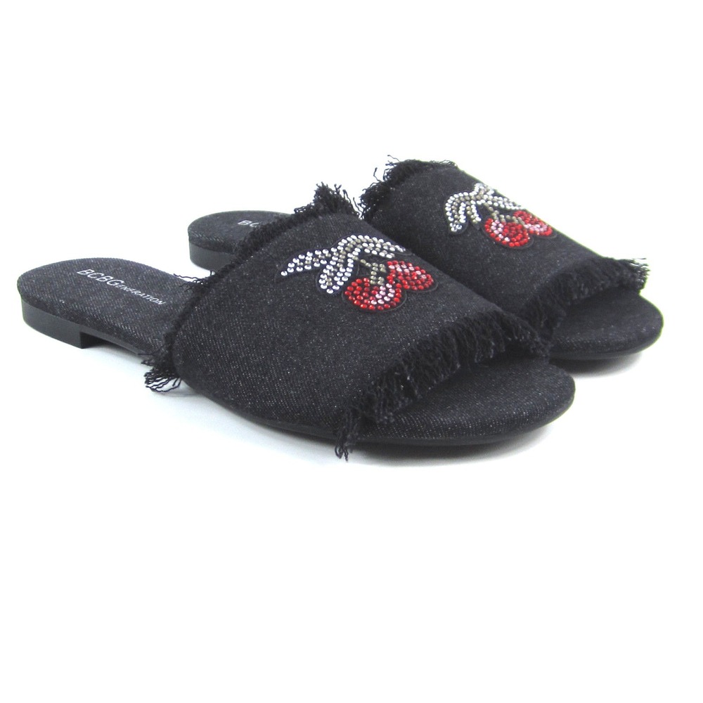 BCBG Generation Gennie Womens‎ Black Denim Cherry Rhinestones Sandals Size 6.5 B